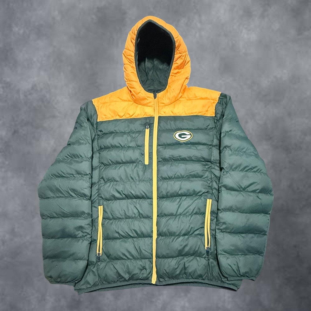 NFL Green Bay Packers Puffer Jacket Mens XL Green Gold Hooded Full Zip Quilted